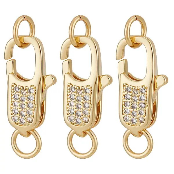 3Pcs Brass Micro Pave Clear Cubic Zirconia Lobster Claw Clasps