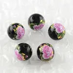Rose Flower Pattern Printed Round Glass Beads