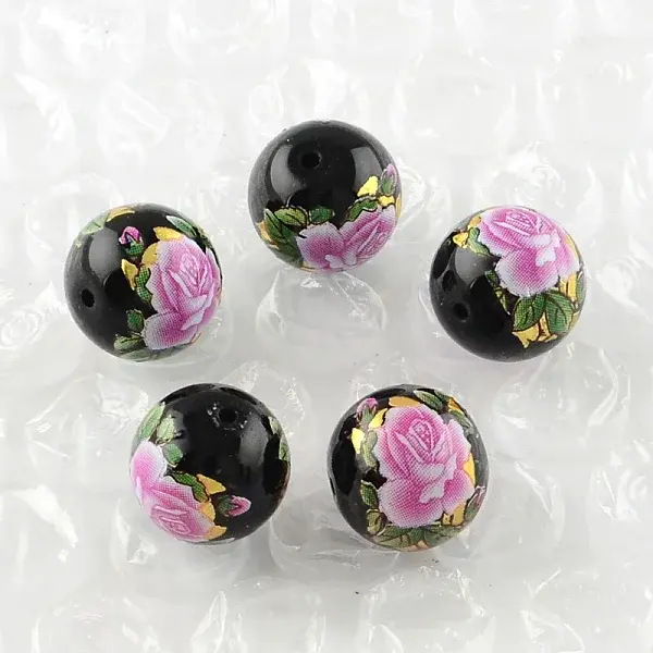 Rose Flower Pattern Printed Round Glass Beads