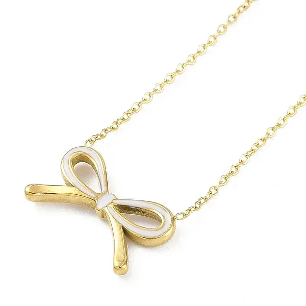 Ion Plating(IP) Golden Tone 304 Stainless Steel Enamel Bowknot Pendant Necklaces for Women