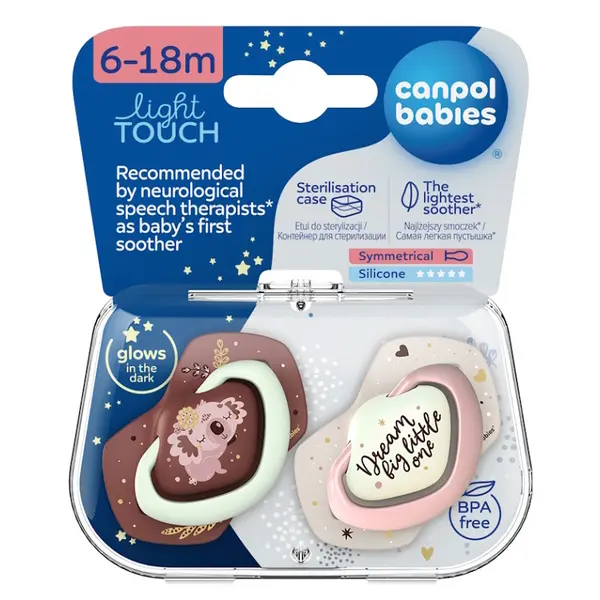 CANPOL BABIES Set symetrických silikonových dudlíků Light touch 6 - 18 m sleepy koala růžový