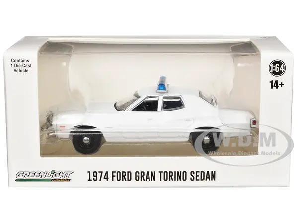 1974-1976 Ford Gran Torino Sedan Police Car White with Light Bar "Hot Pursuit - Hobby Exclusive" Series 1/64 Diecast Model Car by Greenlight