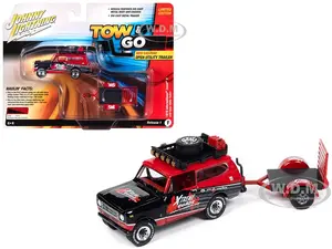 1979 International Scout II Red and Black "Xtreme Quads" with Open Utility Trailer "Tow &amp; Go" Series 1/64 Diecast Model Car by Johnny Lightning