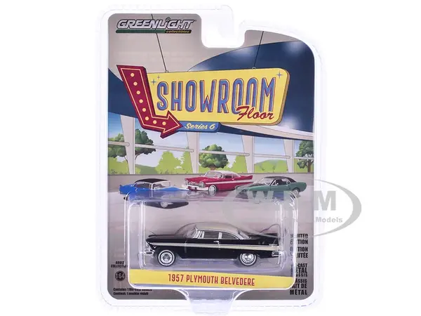 1957 Plymouth Belvedere Jet Black with Sand Dune White Top and Stripes "Showroom Floor" Series 6 1/64 Diecast Model Car by Greenlight