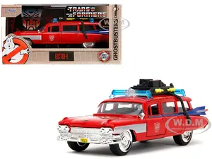 1959 Cadillac Ambulance Ecto-1 Red "Transformers" TV Series - "Ghostbusters" (1984) Movie Crossover "Hollywood Rides" Series 1/32 Diecast Model Car b