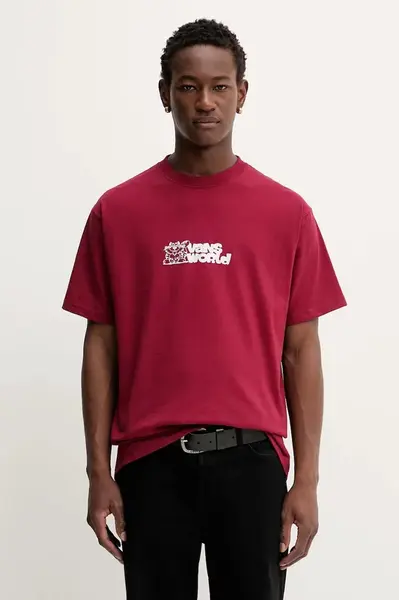 Bavlněné tričko Vans pánské, vínová barva, s potiskem, VN000PBSBRD1