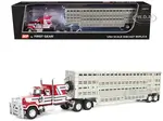 Mack Super-Liner with 60" Flat Top Sleeper and 45 Wilson Vintage Livestock Trailer Red with White and Gray Stripes 1/64 Diecast Model by DCP/First Ge