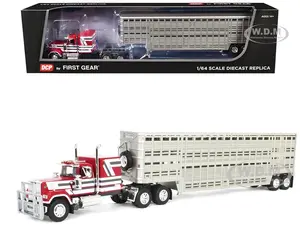 Mack Super-Liner with 60" Flat Top Sleeper and 45 Wilson Vintage Livestock Trailer Red with White and Gray Stripes 1/64 Diecast Model by DCP/First Ge
