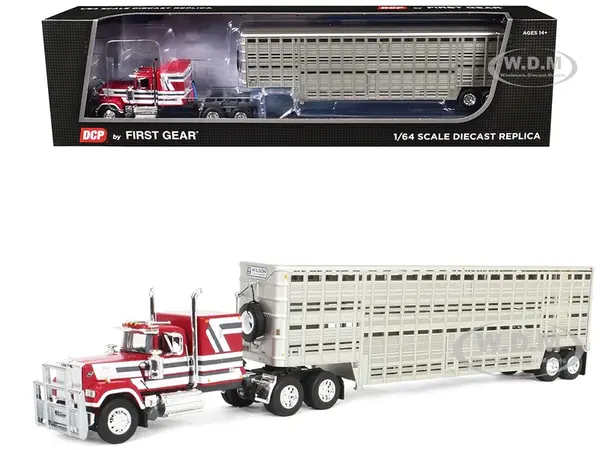Mack Super-Liner with 60" Flat Top Sleeper and 45 Wilson Vintage Livestock Trailer Red with White and Gray Stripes 1/64 Diecast Model by DCP/First Ge