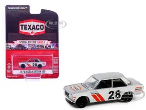 1970 Nissan Datsun 510 28 "Texaco" Silver Metallic and White with Red Stripes "Texaco Special Edition" Series 1 1/64 Diecast Model Car by Greenlight