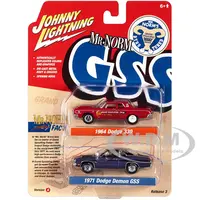 1964 Dodge 330 "Mr. Norm - Grand Spaulding Dodge" Red and 1971 Dodge Demon GSS Plum Crazy with Black Top and Stripes "Mr. Norm GSS" Series Set of 2 C