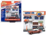 1970 Dodge Coronet Super Bee Brown with White Top and "Union 76" Interior Service Gas Station Facade Diorama Set "Johnny Lightning 50th Anniversary"