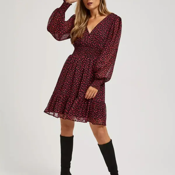 Marisse Black Dress With Puff Sleeves And A V-Neck