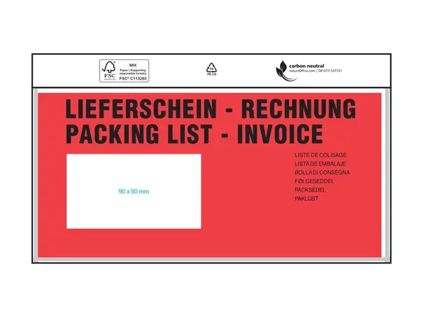 1000 ks - Obálka adresní na doklady samolepicí průhledná DL, červený tisk