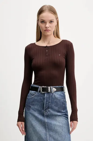 Tričko s dlouhým rukávem Tommy Jeans hnědá barva, DW0DW21575