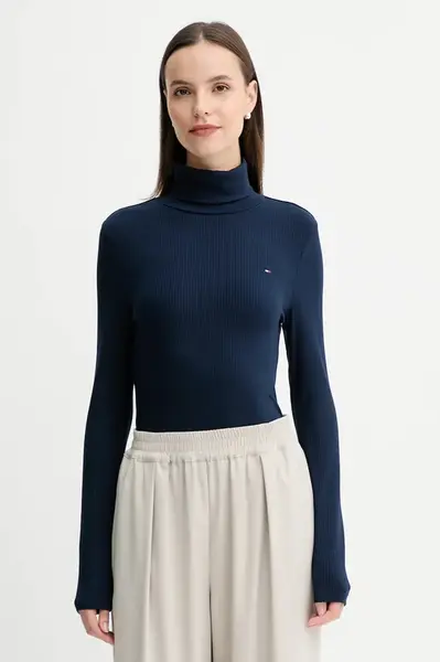 Tričko s dlouhým rukávem Tommy Hilfiger dámské, tmavomodrá barva, s golfem, WW0WW39826