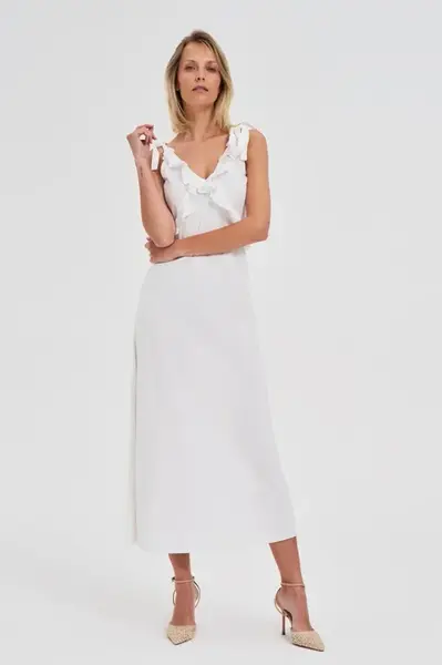 Marisse White Midi Dress With Ruffles On The Neckline