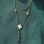 304 Stainless Steel Shell Pearl Clover Pendant Double Layered Necklaces for Women