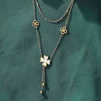 304 Stainless Steel Shell Pearl Clover Pendant Double Layered Necklaces for Women