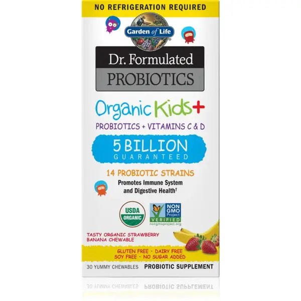 Garden of Life Dr. Formulated Organic Kids + Probiotics + Vitamin C & D žvýkací měkké tobolky pro podporu imunitního systému příchuť Strawberry & Bana
