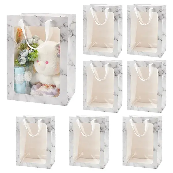 Folding Marble Print Paper Gift Bags with Handle and Plastic Visible Window