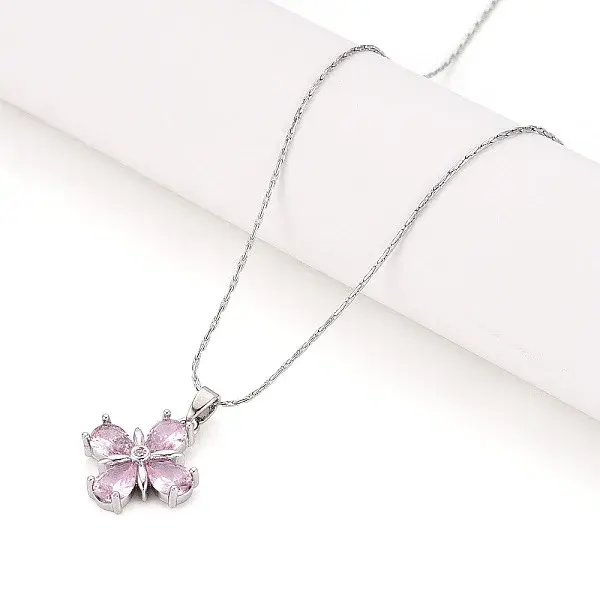 Brass Cubic Zirconia Flower Pendant 304 Stainless Steel Chain Necklaces
