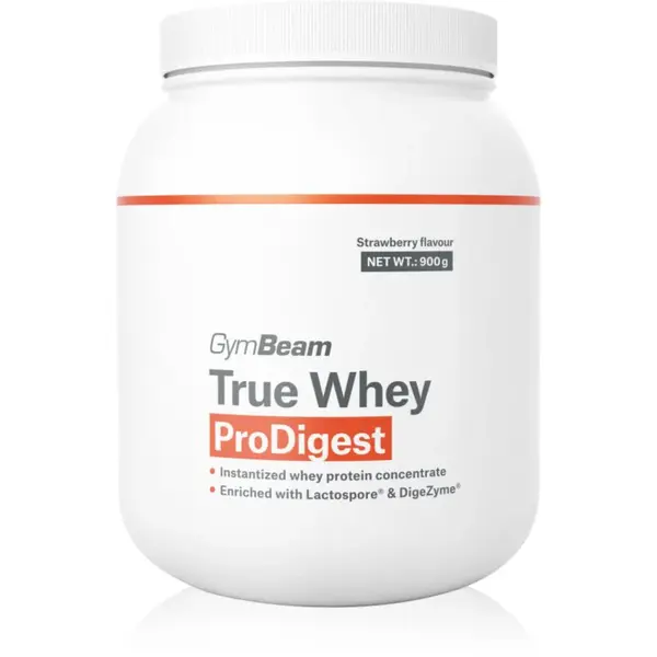 GymBeam True Whey ProDigest srvátkový proteín s tráviacimi enzýmami príchuť Strawberry 900 g