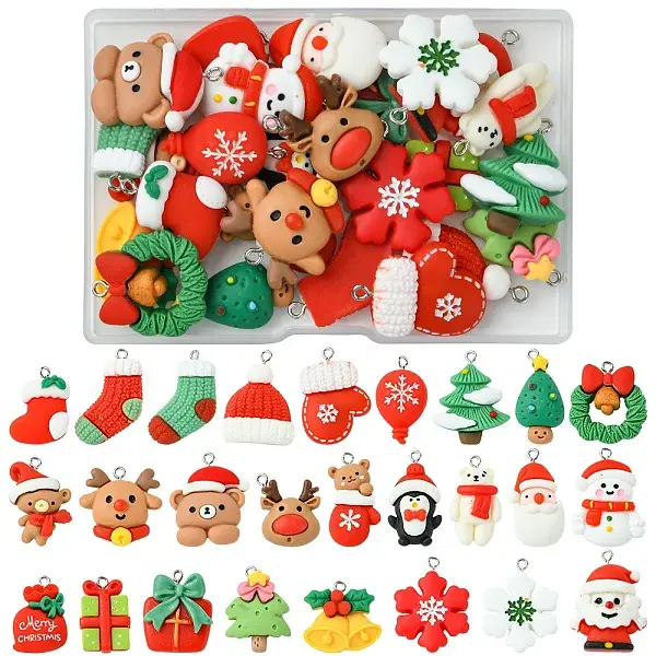 26Pcs 26 Styles Christmas Theme Opaque Resin Pendants