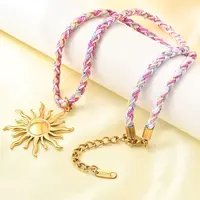304 Stainless Steel Sun Pendant Braided Polyester Cord Necklaces for Women