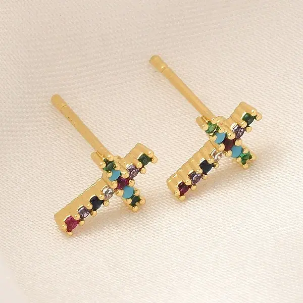 Rack Plating Cross Brass Micro Pave Cubic Zirconia Stud Earrings