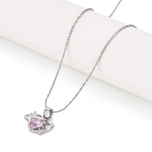 Brass Cubic Zirconia Heart Planet Pendant 304 Stainless Steel Chain Necklaces