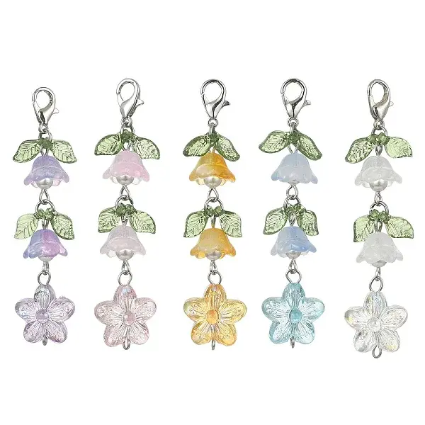 5Pcs 5 Colors Transparent Acrylic & Glass Flower Pendant Decoration