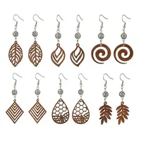 6 Pairs 6 Styles Natural Walnut Wood with Alloy Bead Dangle Earrings for Women