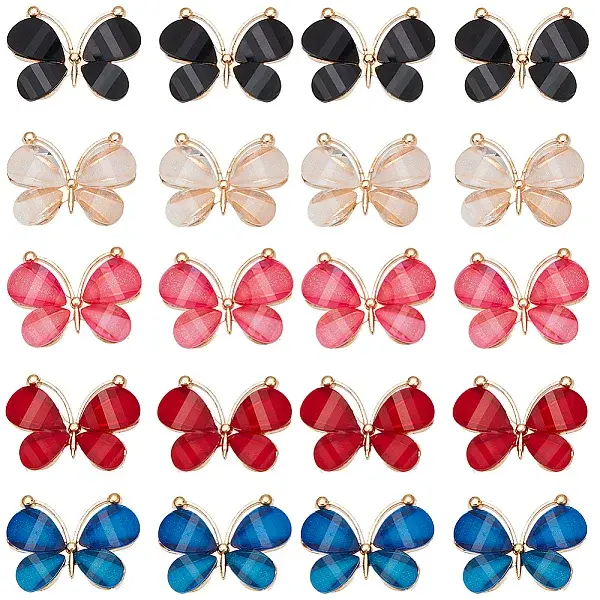 20Pcs 5 Colors Light Gold Plated Alloy Glass Pendants