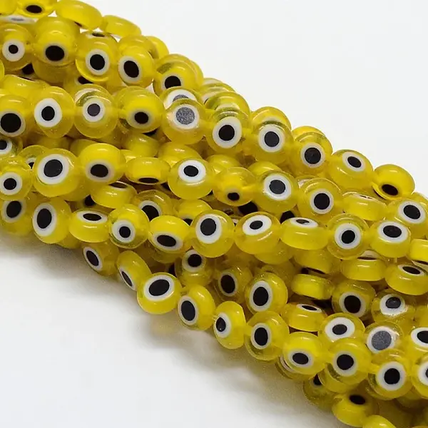 Handmade Evil Eye Lampwork Flat Round Bead Strands