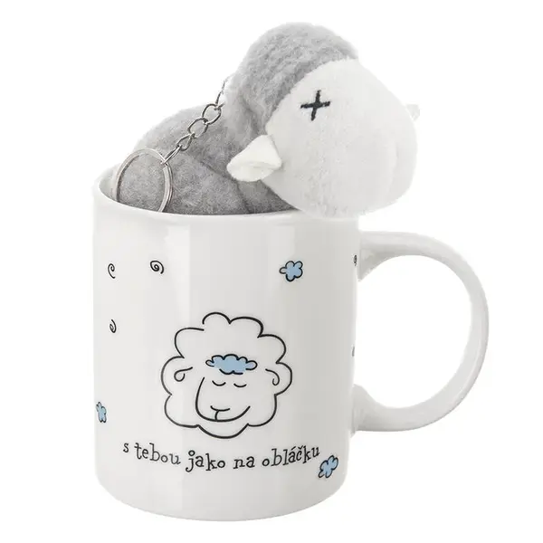 Porcelánový hrnek s plyšovým přívěskem OVEČKA, 390 ml