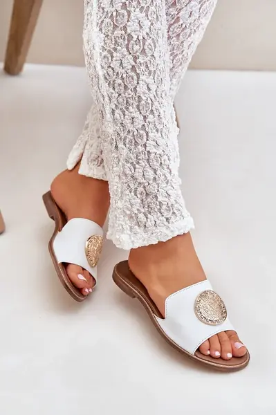 Lewski Shoes Kožené Pantofle S Dekorací Na Plochém Podpatku Bílé Zazoo