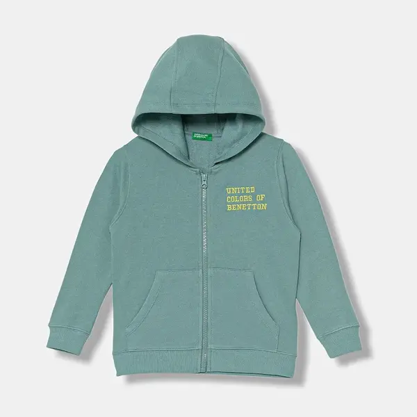 Dětská bavlněná mikina United Colors of Benetton tyrkysová barva, s kapucí, hladká, 3J68G503V