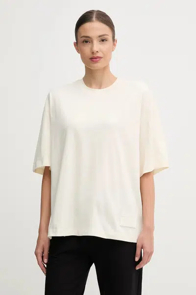 Bavlněné tričko EA7 Emporio Armani dámské, béžová barva, AF13741.7X000128