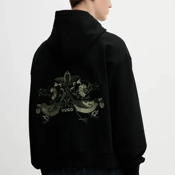 Bavlněná mikina HUGO Dimstone pánská, černá barva, s kapucí, s aplikací, 50542558