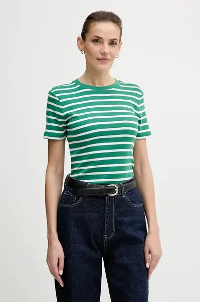 Bavlněné tričko Tommy Hilfiger dámské, zelená barva, WW0WW40587