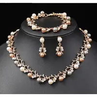 Alloy Crystal Rhinestone & Plastic Pearl Leaf Link Chain Necklaces & Bracelets & Stud Dangle Earrings Sets