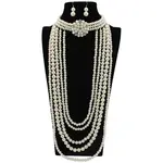 Flower Plastic Pearl Round Beaded Multilayer Necklaces & Dangle Earrings Sets
