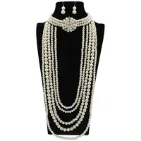 Flower Plastic Pearl Round Beaded Multilayer Necklaces & Dangle Earrings Sets