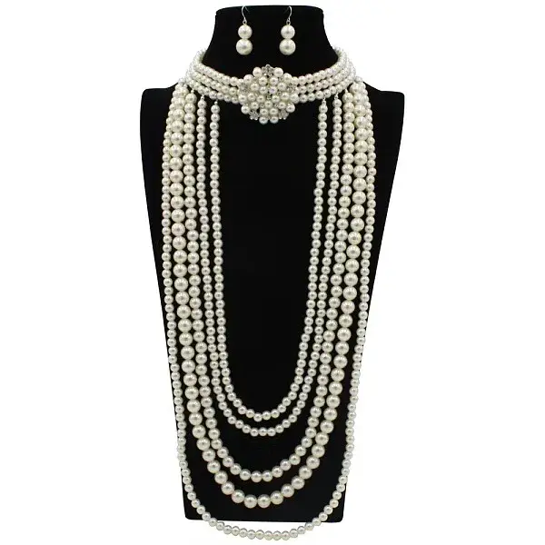 Flower Plastic Pearl Round Beaded Multilayer Necklaces & Dangle Earrings Sets