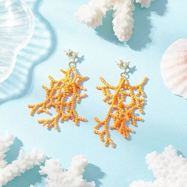 Star with Coral Handmade Glass Seed Beads Tassel Stud Earrings