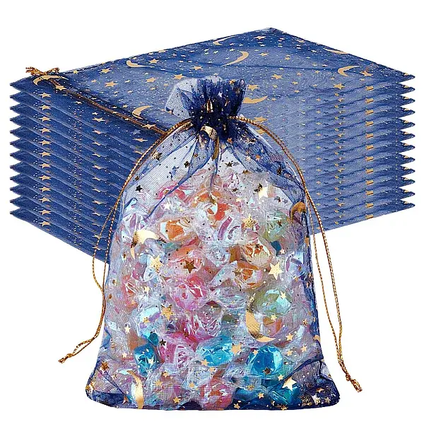 50Pcs Gold Stamping Moon & Star Organza Drawstring Gift Storage Bags