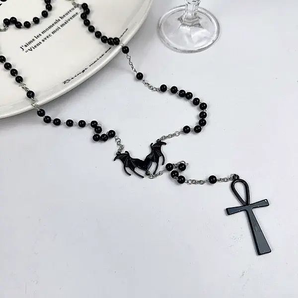 Alloy and Iron Ankh Cross Heart with Bat Wings Pendant Black Round Acrylic Rosary Bead Necklaces