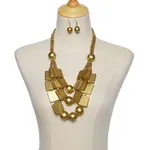Wood Rectangle & Round Beaded Multilayer Necklaces & Dangle Earrings Sets