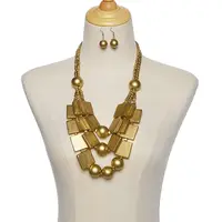 Wood Rectangle & Round Beaded Multilayer Necklaces & Dangle Earrings Sets